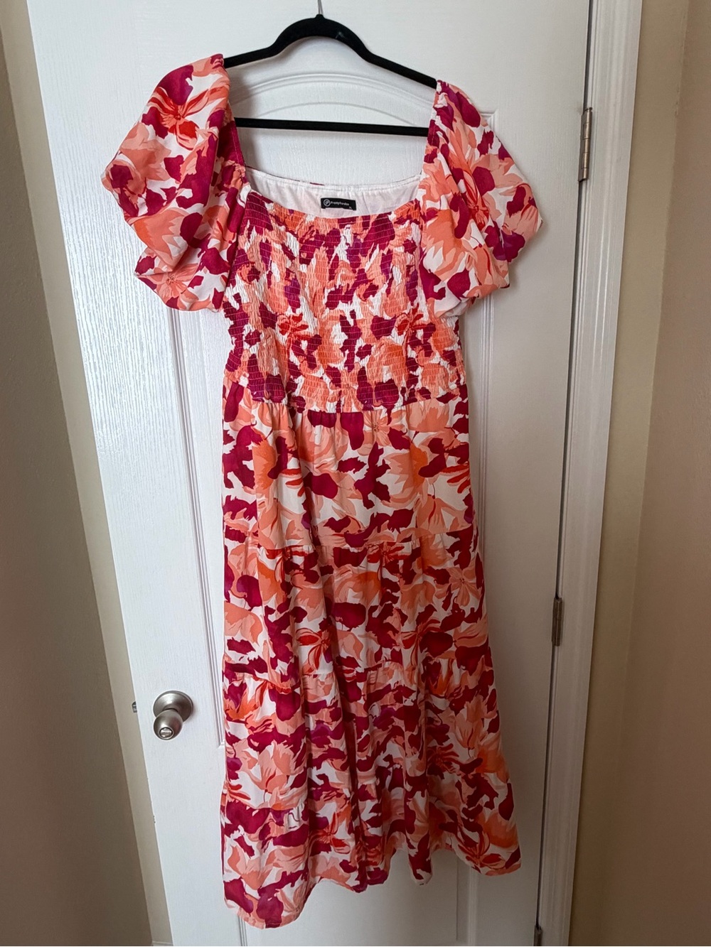 Smocked Puff-Sleeve Floral Midi Dress - Pink/Peach